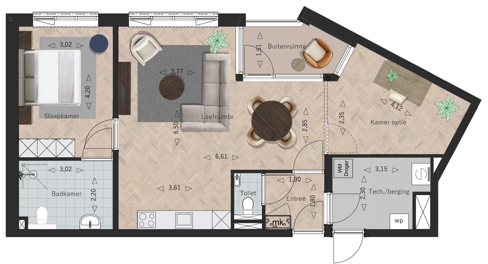 Sfeerplattegrond Appartement 6, La Licorne Oostburg