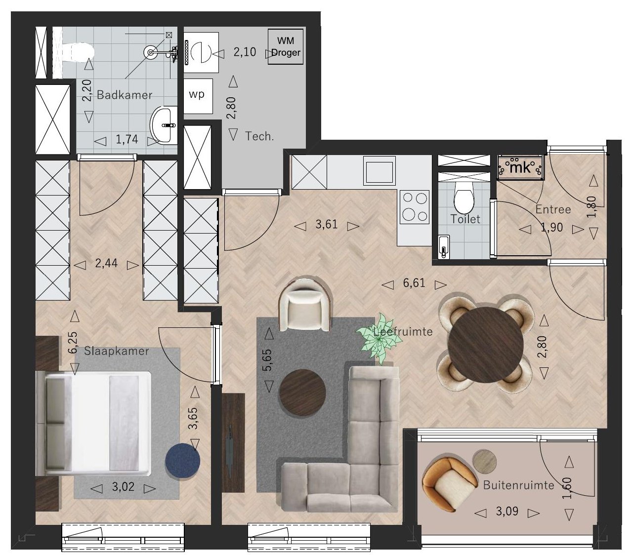 Sfeerplattegrond Appartement 9, La Licorne Oostburg