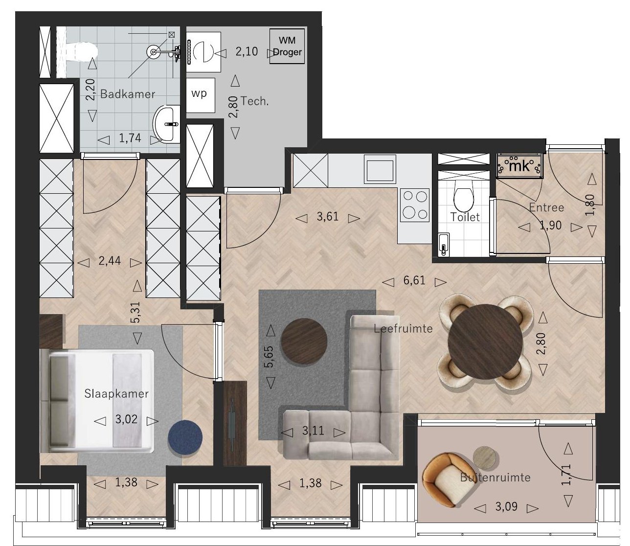 Sfeerplattegrond Appartement 13, La Licorne Oostburg